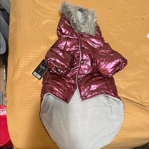 Doggy Metallic Burgundy Hooded Puffer Coat with Faux Fur Trim